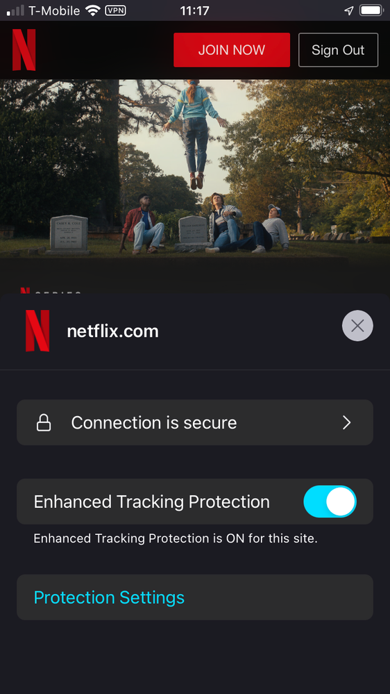 Brief site information is diaplayed with protection settings on a single dialog on Firefox for iOS