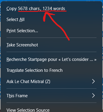 Example version of the selection right-click menu showing word and char count