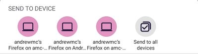 Screenshot of Firefox on Android's share menu showing three machine names. Two of them are identical because the full machine name gets cut off.