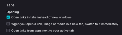 Partial screenshot of about:preferences centered over the General and Tabs section.