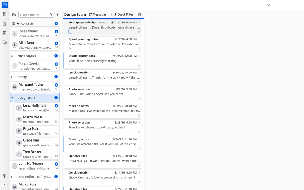 Groups: a mailing list becomes one shared view.