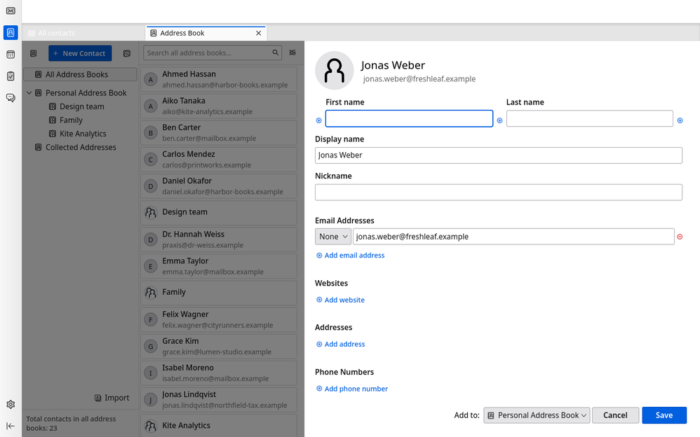 One click adds a sender to your address book.