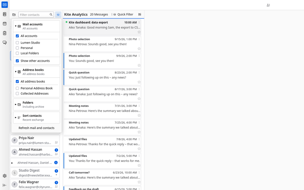 Settings: choose accounts, address books, folders and sort order.