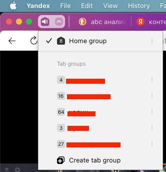 Tab grouping in Yandex browser