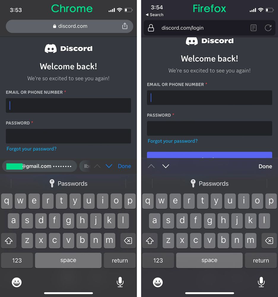 Difference between Chrome (left) with password credentials ready to fill, and Firefox, left with no password credentials.