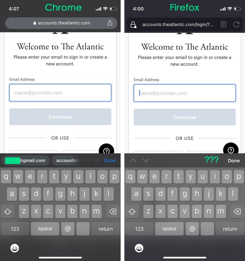 Shows no way of accessing any password manager on some websites such as TheAtlantic, nor autofill.