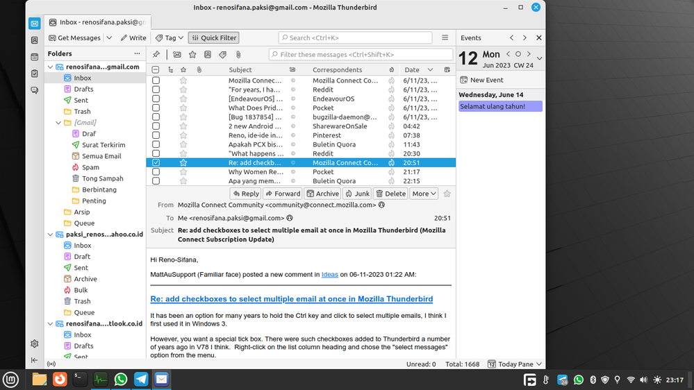 checkboxes on Mozilla Thunderbird 102..11.0 on Linux Mint 21.1