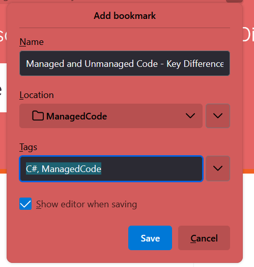 Selected/highlighted tags entry with the recent tags from the previously saved bookmark ‒ (1) If one wants to append a new tag he/she can just use left or right arrow keys to cease the highlight and move either ends of the "Tags" entry and type to add new tags. (2) If one wants not to use any of those tags, right after "Add/Edit Bookmark" is opened, he/she can just type name of the desired tags and the highlighted "Tags" entry will be cleared and overwritten to show the typed letters that make up the new tags.