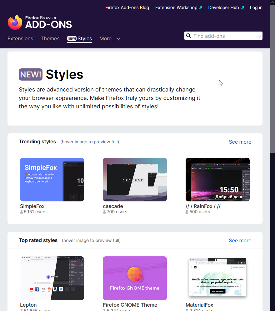 amo-styles.png AMO Styles page mockup with a few themes showcased.