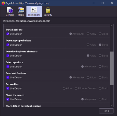 Site permissions in the "Page Info" dialog