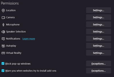 Site permissions in about:preferences
